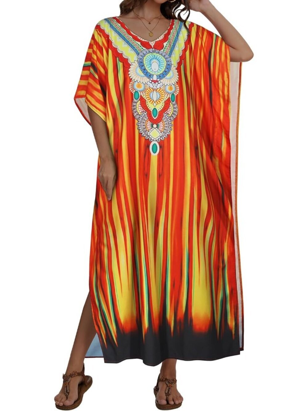 〽️Women Ethnic Sunset Print Plus Size V Neck Caftan Long Batwing Sleeve Cover Up